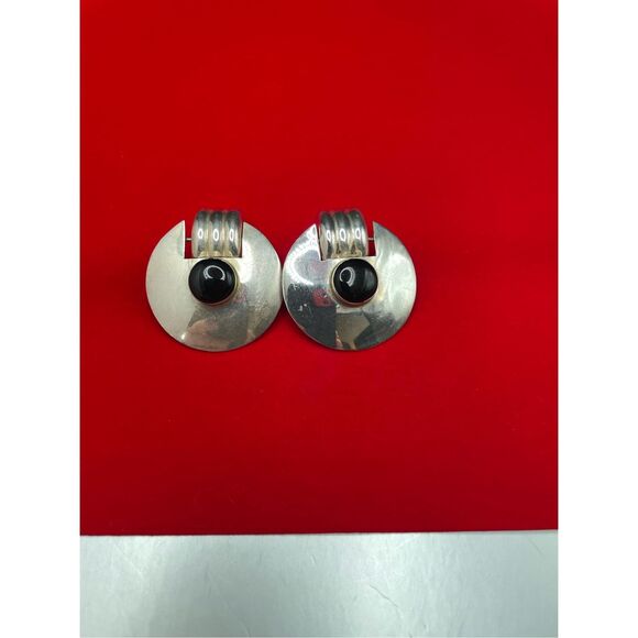 Vintage Mexican Sterling Silver & Onyx Clip On Modernist Earrings Signed TA60 - Picture 3 of 10